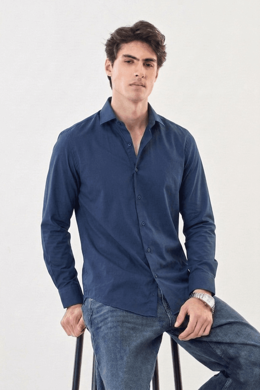 Loyan Men’s Premium Cotton Slim-Fit Long Sleeve Dress Shirt – Navy Blue